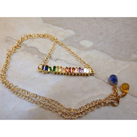 Rainbow Bar Baguette Necklace Gold Plated Citrine Kyanite PRIDE - Picture 4 of 6